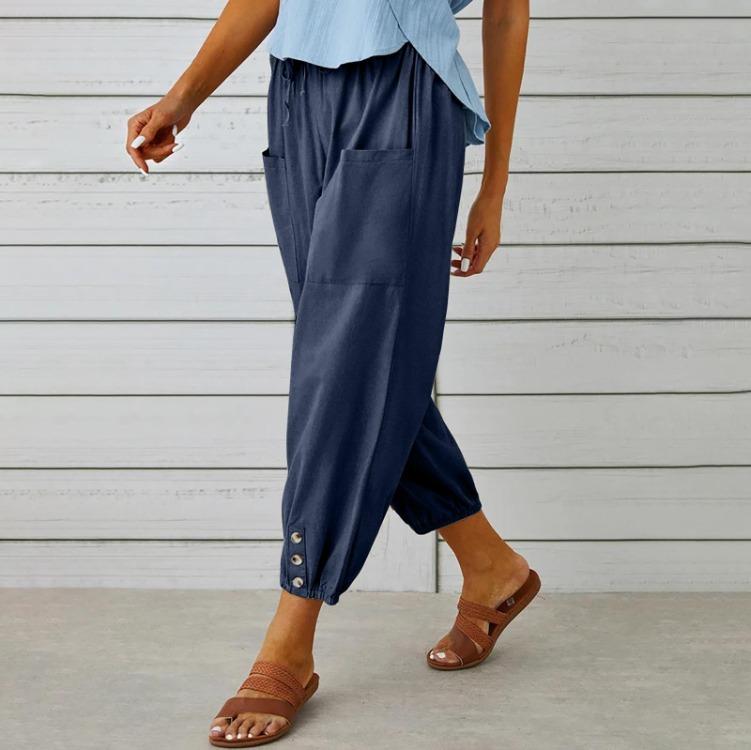 Spring Women Cotton Linen Pants High Waist Wide Leg Trousers Elastic Waist Loose Straight Solid Color Harajuku Female
