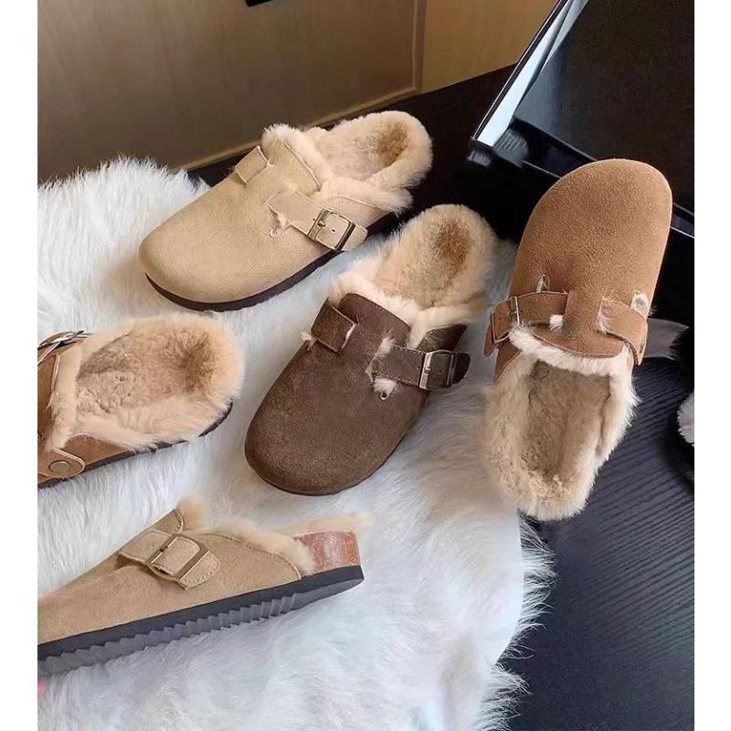 Fashion New Women Slippers Fur Flats Short Plush Mules Shoes Women Fashion Buckle Soft Sole Cotton Shoes Suede Home Warm Slippers Mules