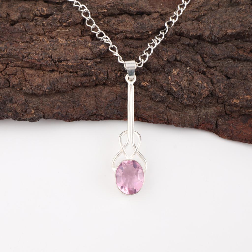 Morganite Pendant, Handmade Gemstone 925 Solid Sterling Silver Pendant Dainty Jewelry, For Engagement Gift