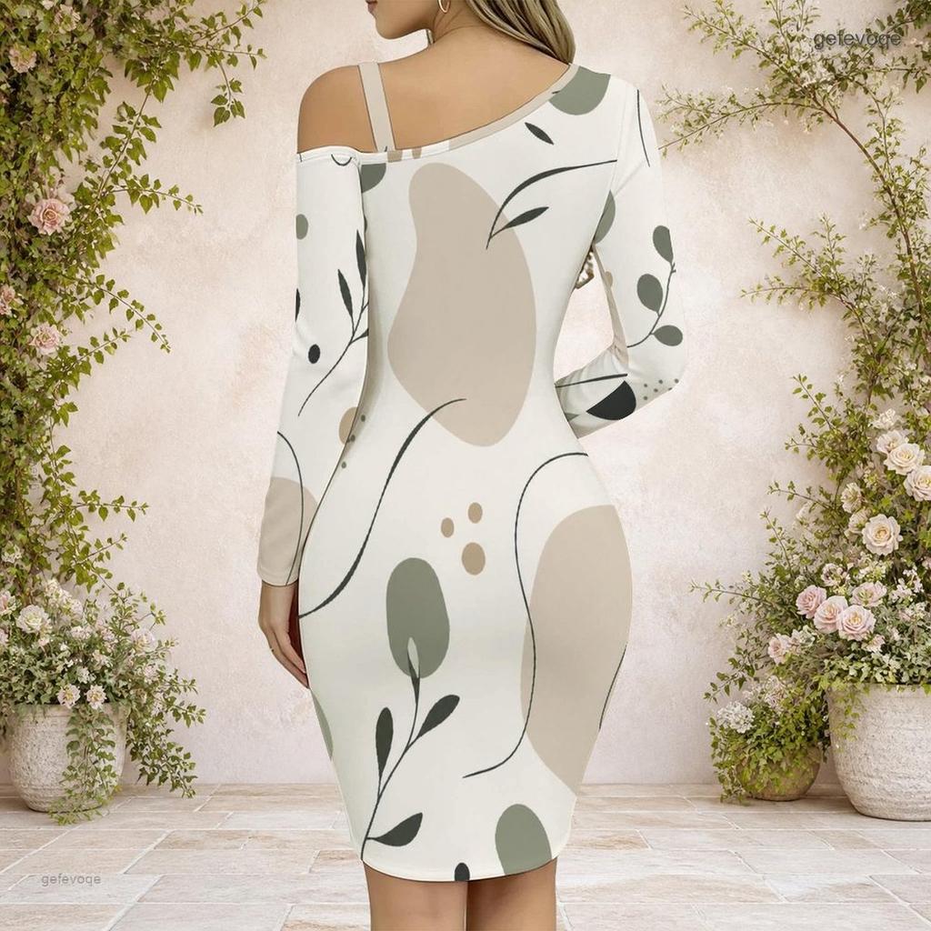 Women Plus Size Chain Strap Cold Shoulder Long Sleeve Printed Irregular Hem Bodycon Dress