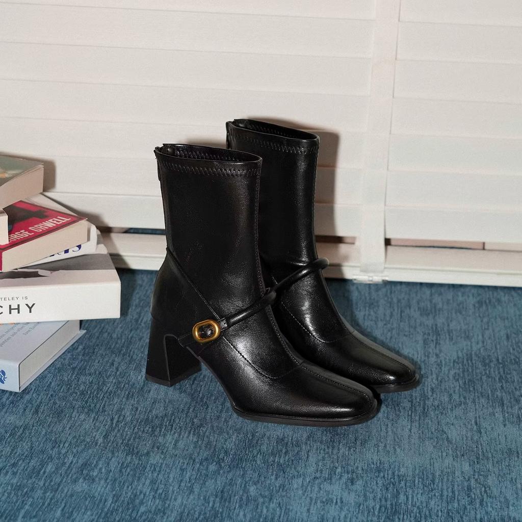 Sheepskin Version~ Retro Square Head Belt Buckle Thick Heel Medium Tube Thin Boots Temperament Versatile Tall Tube Thin Women's Fashion Boots