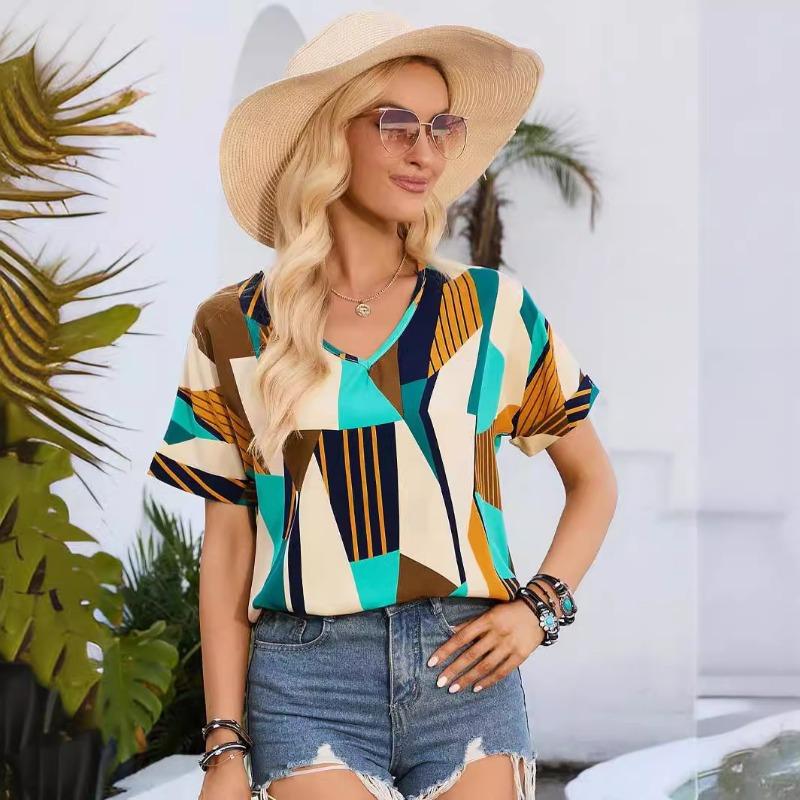 

Плюс Размер Женская Летняя V-образный вырез Короткие рукава Модная футболка XXL хаки