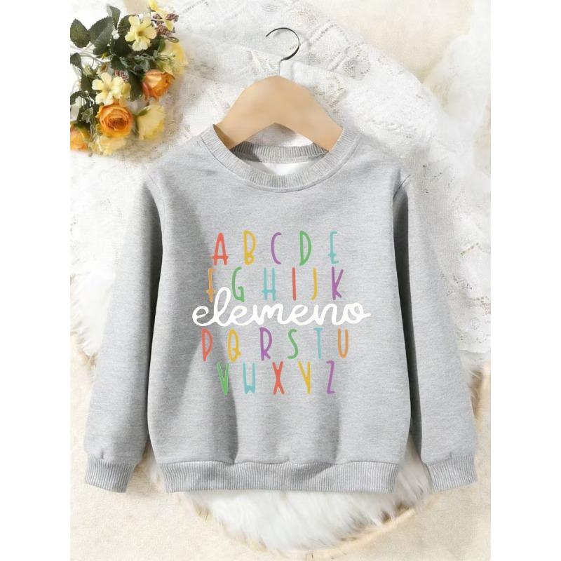 Unisex Kids Crewneck Sweatshirt, Colorful Alphabet Elemeno Letter Print Pullover, Boys Girls Educational Casual Sweatshirt For Kids Over 4 Years Old