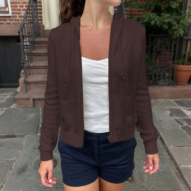 

European and American Foreign Trade Women clothes Autumn and Winter Amazon Independent Station Fashion Simple Long sleeve Solid Hoodie Outerwear Knit Coffee XL