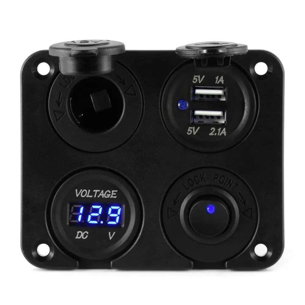 4 in 1 Panel 3.1A Dual USB Car Charger Power Outlet LED Voltmeter Cigarette Lighter Socket Toggle Switch for Truck Car Marine