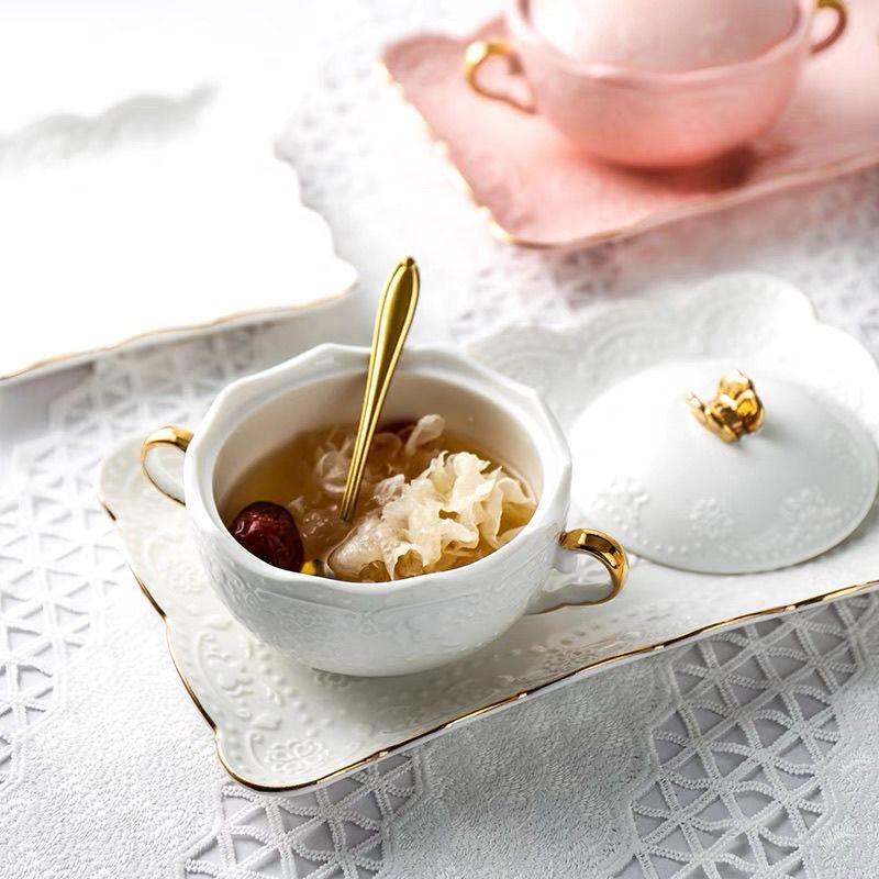 European Embossed Butterfly Ceramic Bowl with Lid & Double Handles, Breakfast, Dessert & Oatmeal Bowl