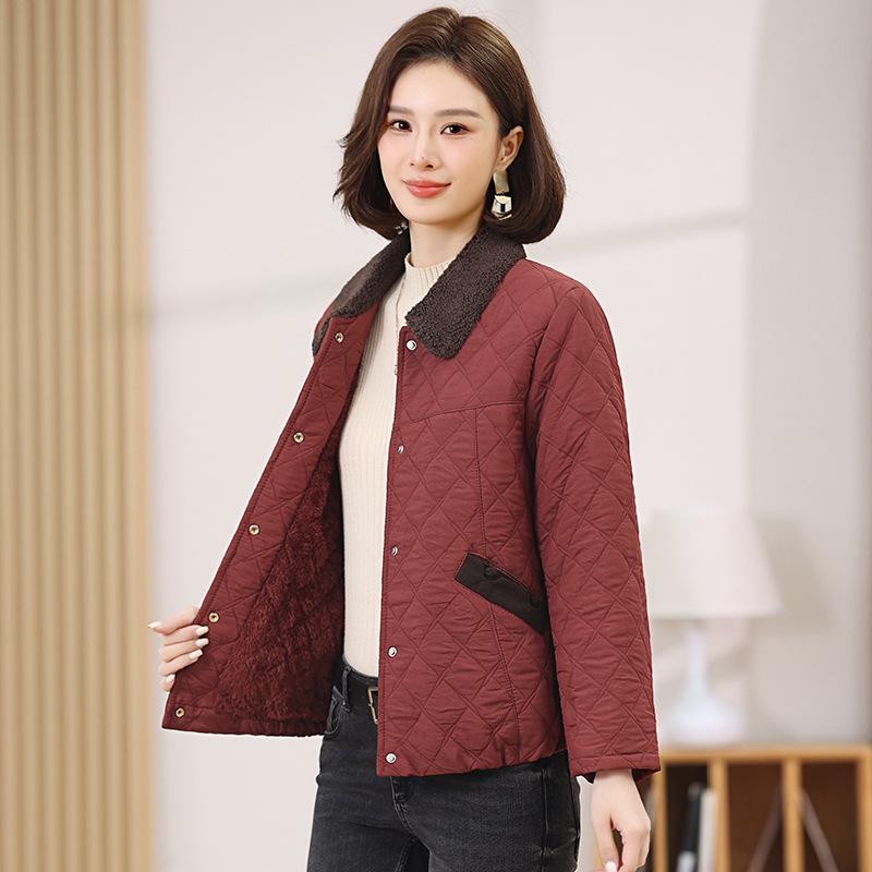 

Женское хлопковое пальто с лацканами на флисовой подкладке 2024 – Зимняя темпераментная куртка маленького размера для мам среднего возраста 3XL (for 115-130 jin) вино красного