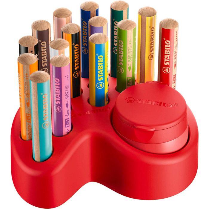 Crayons multi-talents - STABILO - Woody 3in1 - 15 crayons - Taille-crayon inclus - Plateau de rangement