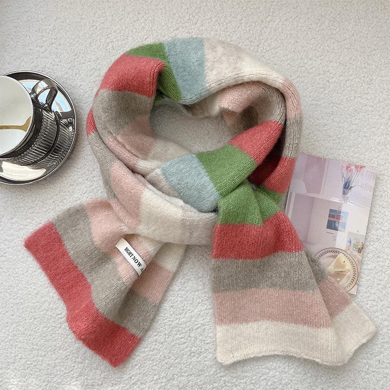 Apple Green Color Scarf for Women Autumn and Winter Color Block Striped Warm and Versatile Scarf