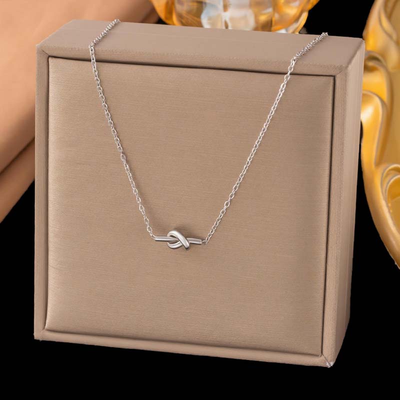 

Stainless Steel Metal Knotted Stud Earrings Necklaces Set For Women Fashion Gold Color Clavicle chain Necklace Party Zircon