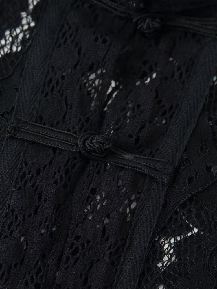 Women's French Chic Lace Crochet Button-Up Stand Collar Slim Fit Shirt Blouse