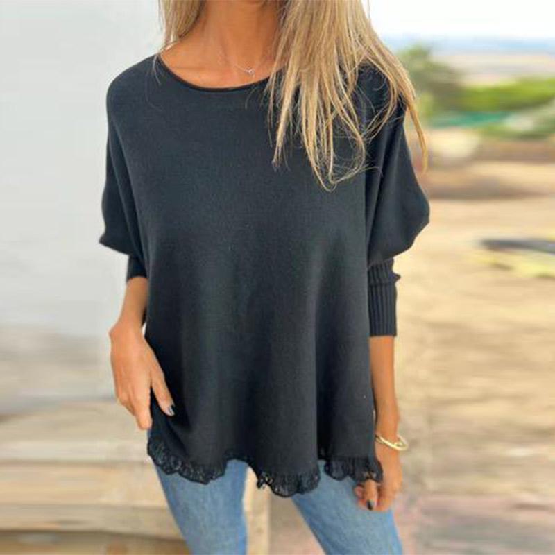 Jesienno-zimowa luźna bluzka z długim rękawem z koronką Mulle i dzianinowym dołem