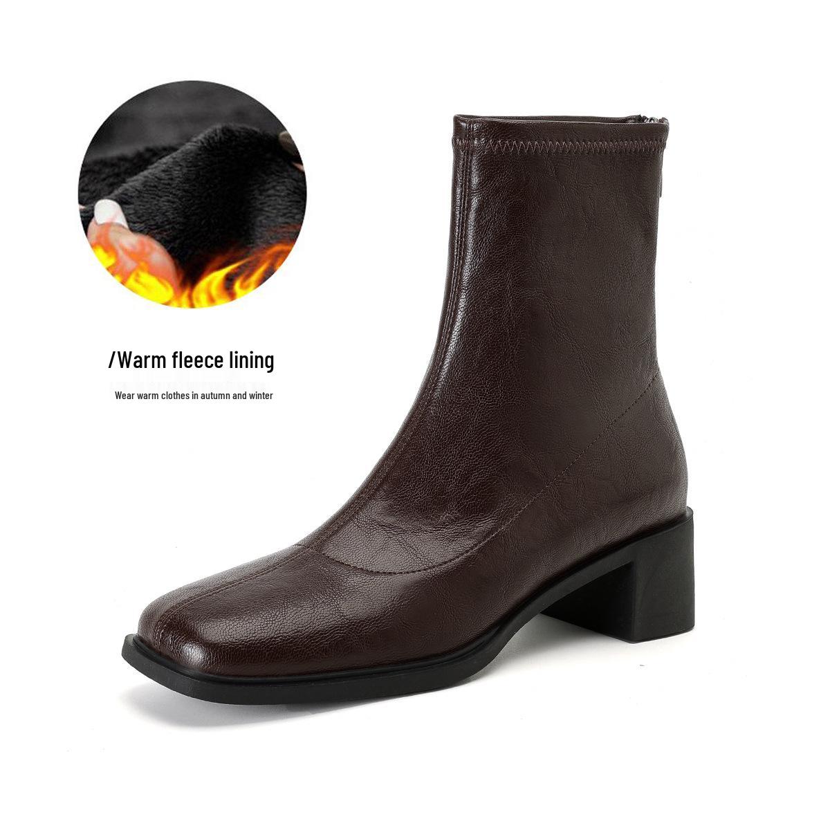 

Square-Toe Black Stretch Slim-Fit Ankle Boots with Silent Sole and Chunky Heel, Perfect for Commuters in Autumn and Winter. 41