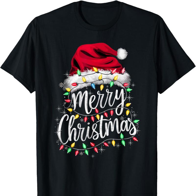 Red Santa Lights Design Christmas Cotton Tshirt for Men and Women Crew Neck Short Sleeve  All Seasons Casual Fashion Soft Ideal