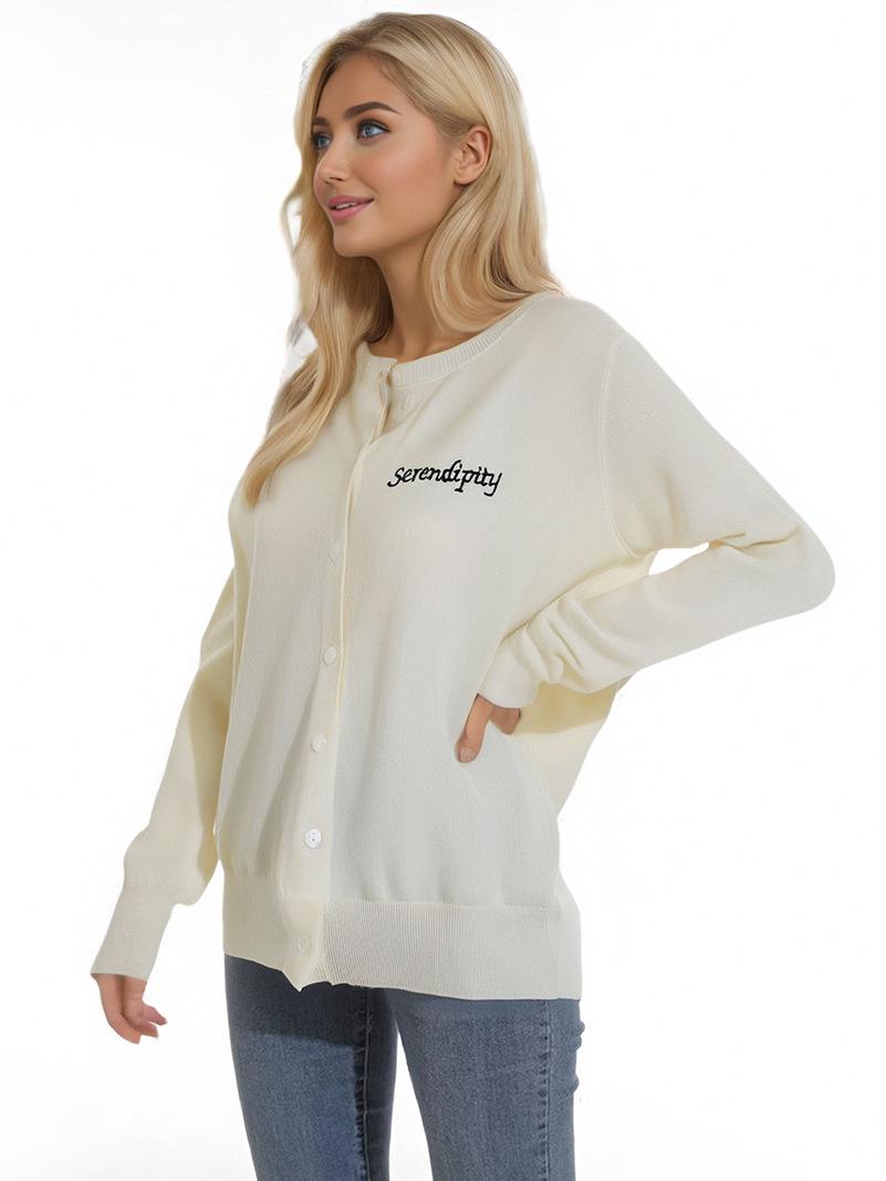 

Женский осенний 2025 вязаный кардиган с круглым вырезом - Повседневный темпераментный свитер-пальто Large покинуть белый