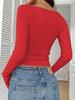 Nuovo Top da Donna Autunno Inverno con Pizzo Floreale, Bottoni, Scollo a V, Vestibilità Aderente, Manica Lunga
