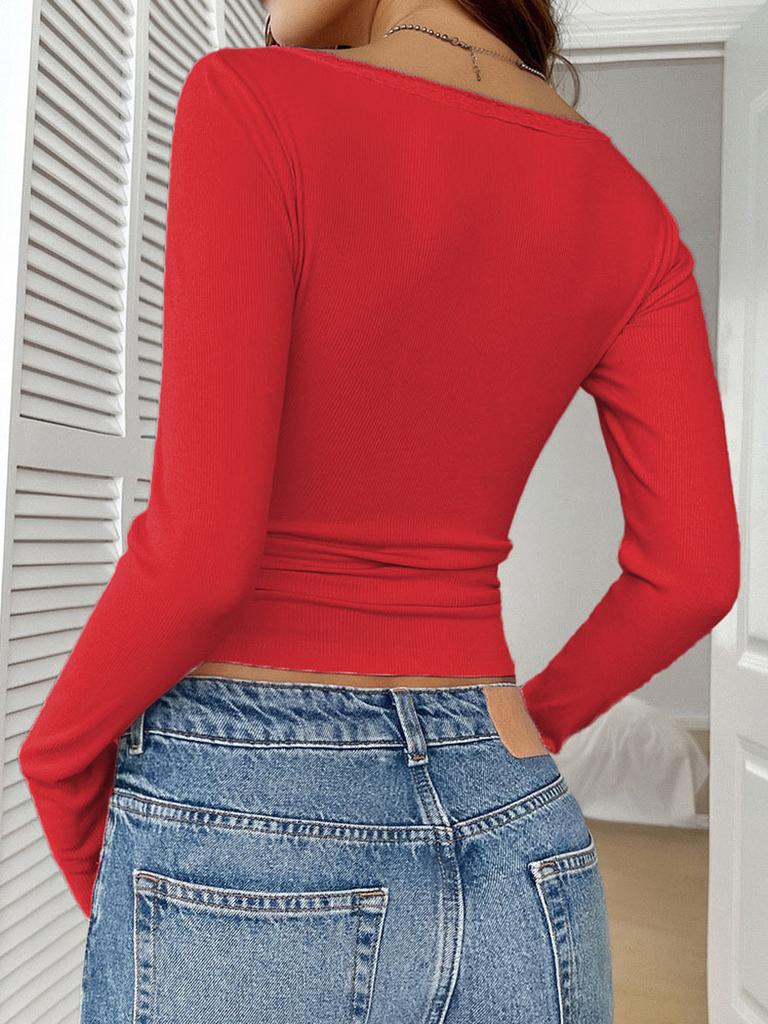 Nuovo Top da Donna Autunno Inverno con Pizzo Floreale, Bottoni, Scollo a V, Vestibilità Aderente, Manica Lunga