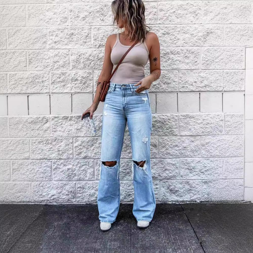 

Рвані тонкі вінтажні кльош із високою талією XXL світло-синій колір