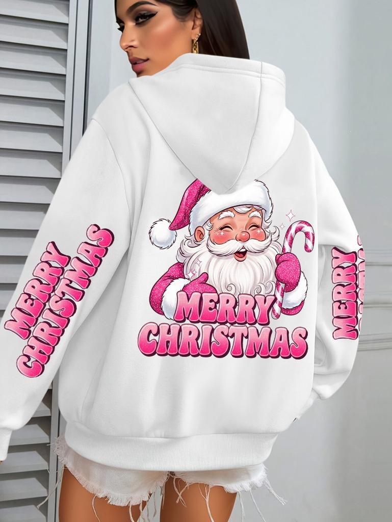 Merry Christmas Pink Santa Printed Sweater Women'S Pocket Hooded Sweater Autumn Winter Hoodie
