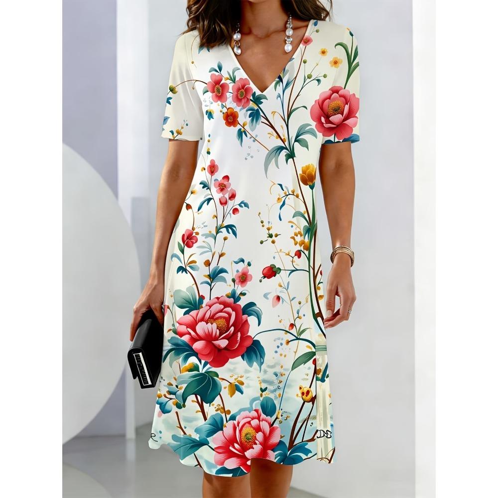 Ladies Summer V-Neck Short Sleeve 3D Butterfly Floral Print Casual Mini Dress Vacation Style Women's Clothing
