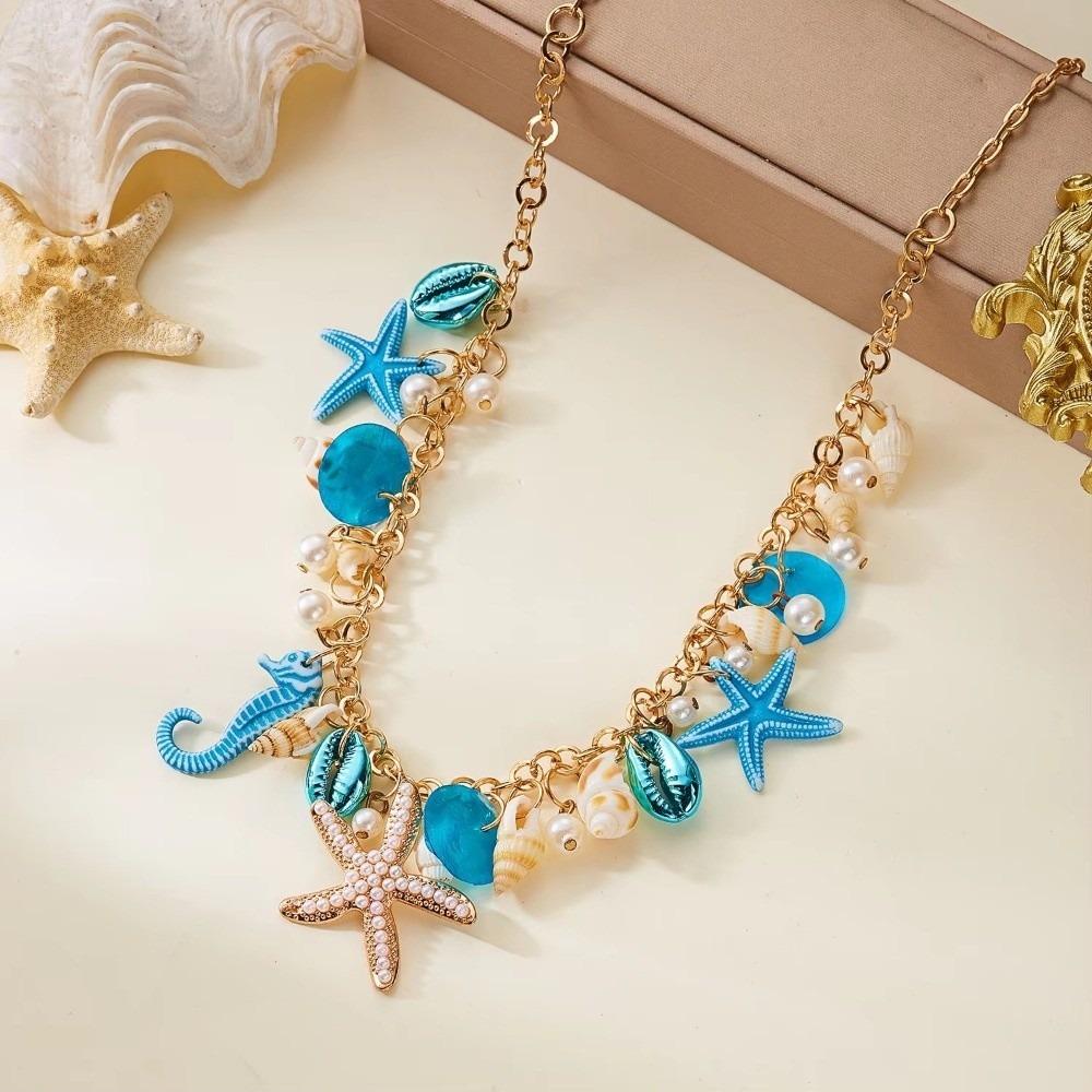 Gold Color Chain Ocean Theme Necklace Shell Women Necklace Seahorse Starfish Pendant Gift Party