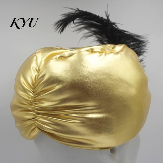 Gold Satin Carnival Headpiece Unisex Arab India Turban Hat, Golden Sultan Hat with Gem And Versatile Role Play Headgear Feather, Novelty Easter