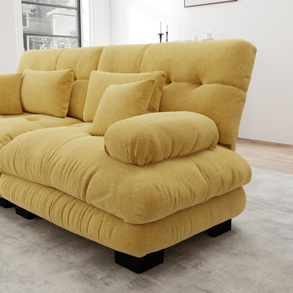 Luxuriöses Modulares Ecksofa - Überdimensionale U-förmige Wolken-Couch für das Wohnzimmer, Tiefe Sitzfläche, Umklappbares Schlafsofa mit Hocker, Gelb