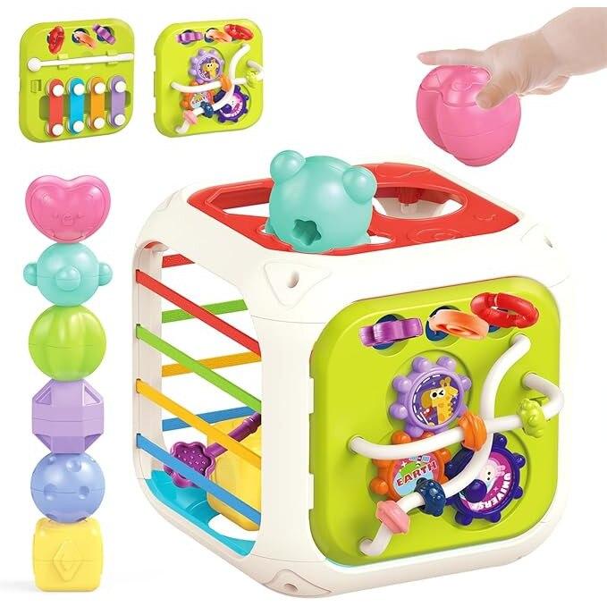 7-in-1 Interactive Activity Cube , Montessori Sensory & Educational Toy for 1 2 3 Year Old Boys Girls, Multicolor