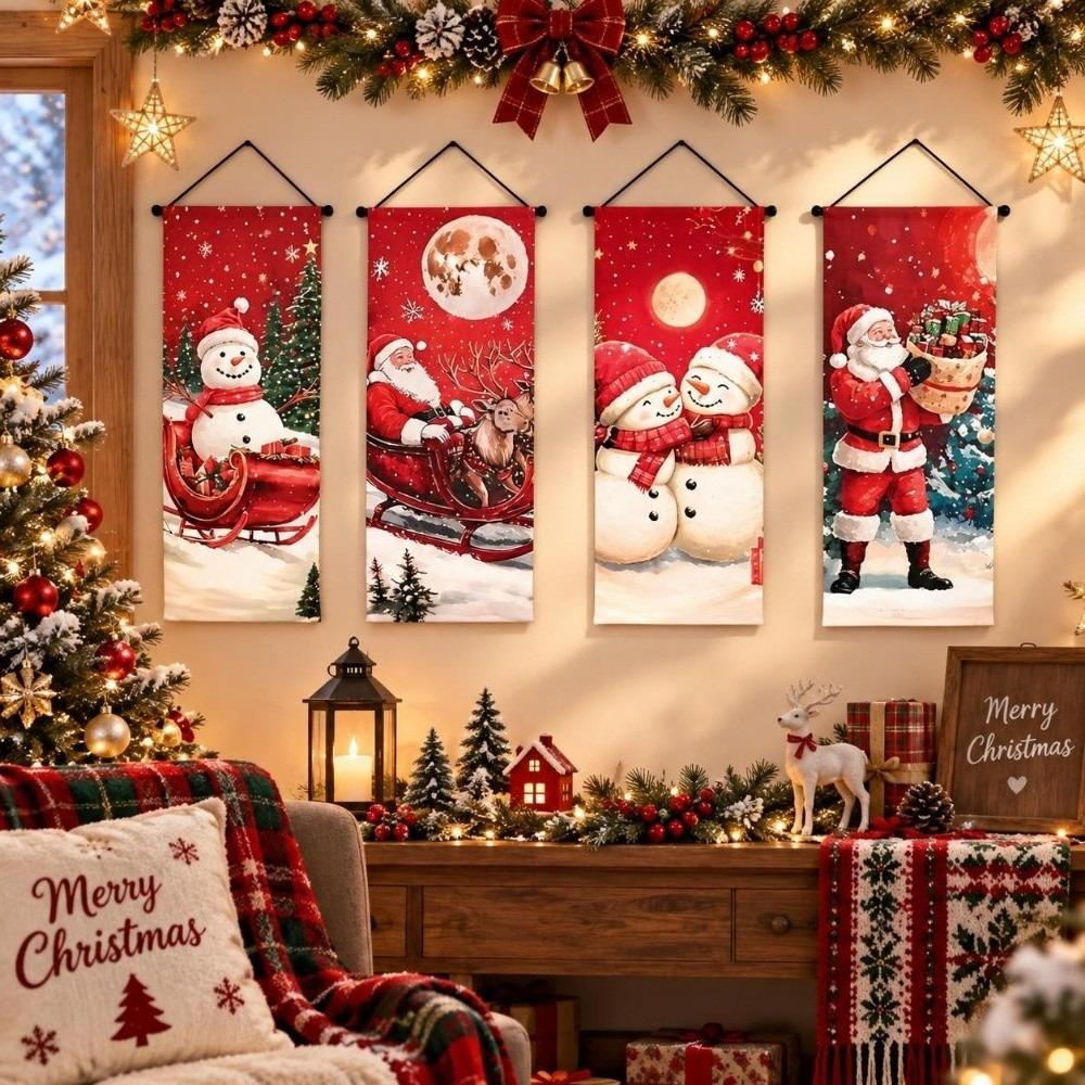 4pcs 2D Flat Christmas Flag Banners Santa Claus Christmas Hanging Flag Outdoor Decoration