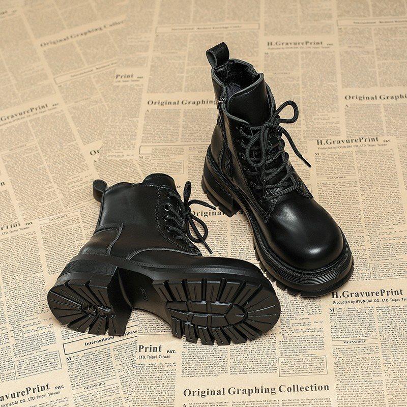 New sub-platform Martin boots women's versatile 2025 locomotive thin boots black autumn and winter single boots lace-up short boots none