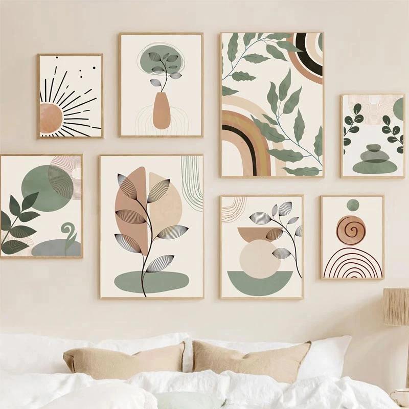 Boho Posters Abstract Geometry Line Leaves Sun Rainbow Boho Home Decor Nordic Canvas Painting Picture For Living Room Decor