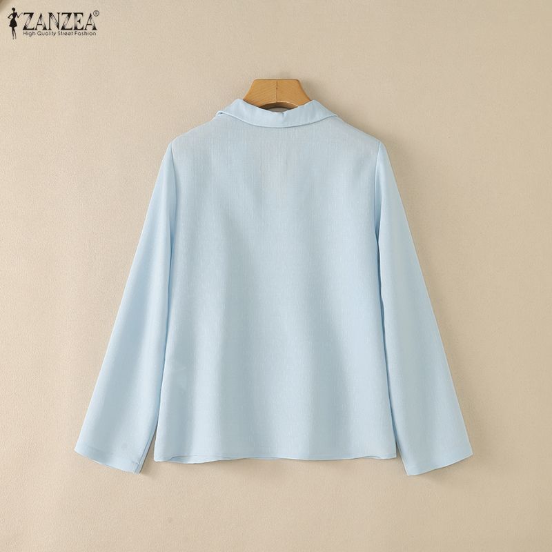 ZANZEA Womens Casual Lapel V Neck Long Sleeve Solid Color Blouse Loose Fit Work Office Shirts