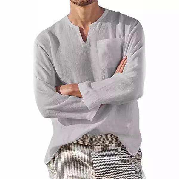 Fashion Men's Long Sleeve V-Neck Casual Beach Linen Shirt Men's Tops