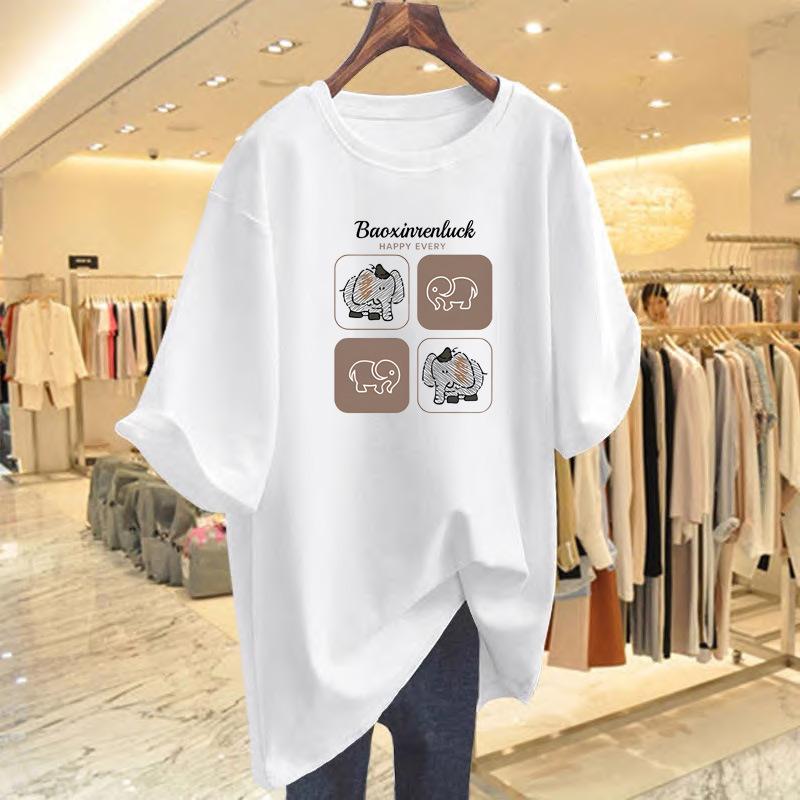 

Top Spring and summer new t-shirt women s summer top loose white cartoon letter printing medium and long bottoming shirt S