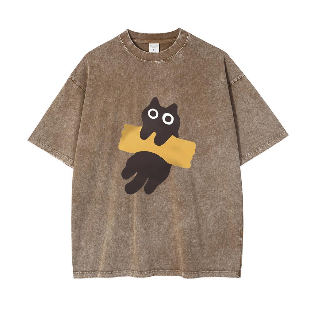 Herren T-Shirts im japanischen Stil Baumwolle Lustiges Klebeband Katzenaufdruck Kurzarm Gewaschene T-Shirts Herren Übergroß Rundhals Kleidung