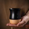 Vintage Coarse Pottery Ceramic Espresso Cup with Wooden Base, Personal Water & Tea Mug for Office