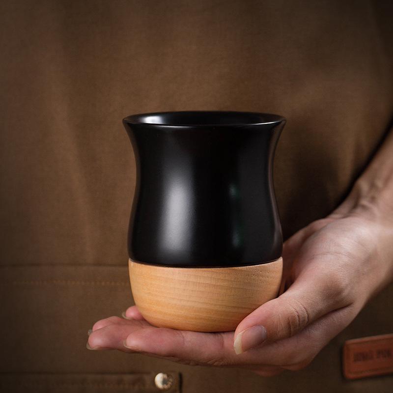 Vintage Coarse Pottery Ceramic Espresso Cup with Wooden Base, Personal Water & Tea Mug for Office