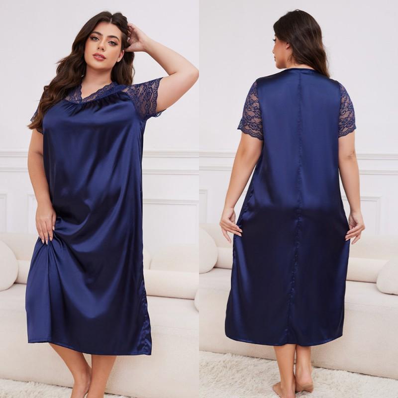 Plus Size Womens Lightweight Satin Sleep Dress With V-Neck Short Sleeve Loose Nightgown Home Wear 1XL