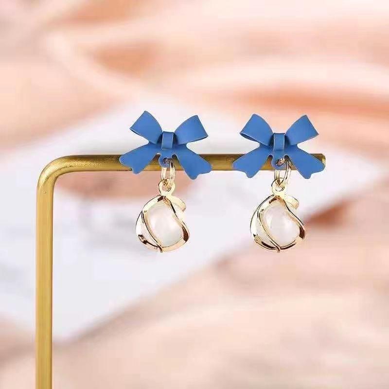 Sweet Round Opal Dangle Earrings for Women Party Golden Color Twist Metal Jewelry Trendy Korean Blue Bow Drop Earrings