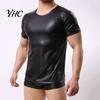 Men Sexy T-shirt Short Sleeve Elastic Faux Night Club Tops Leather Undershirt Muscle for Party