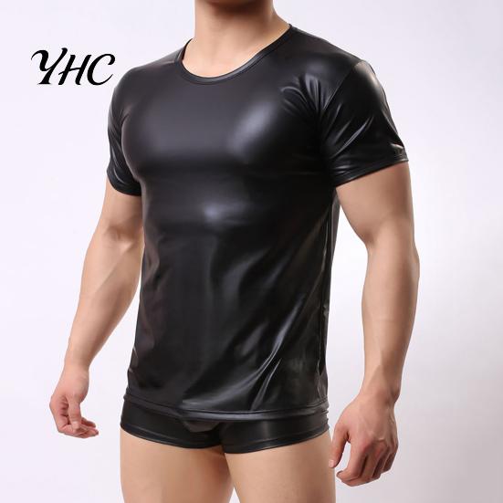 Men Sexy T-shirt Short Sleeve Elastic Faux Night Club Tops Leather Undershirt Muscle for Party