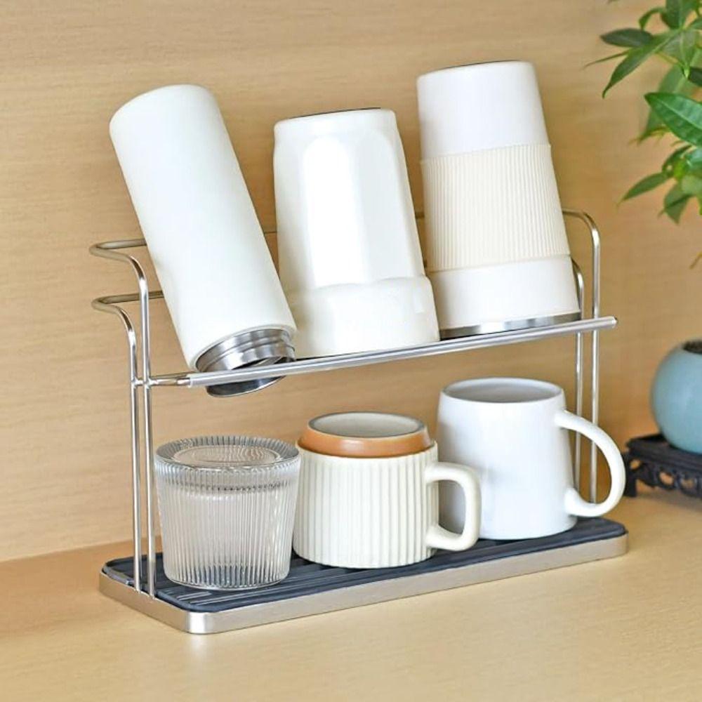 2 Tier Cup Storage Rack with Drain Tray Cup Organizer Household Bottle Drying Rack  Water Bar