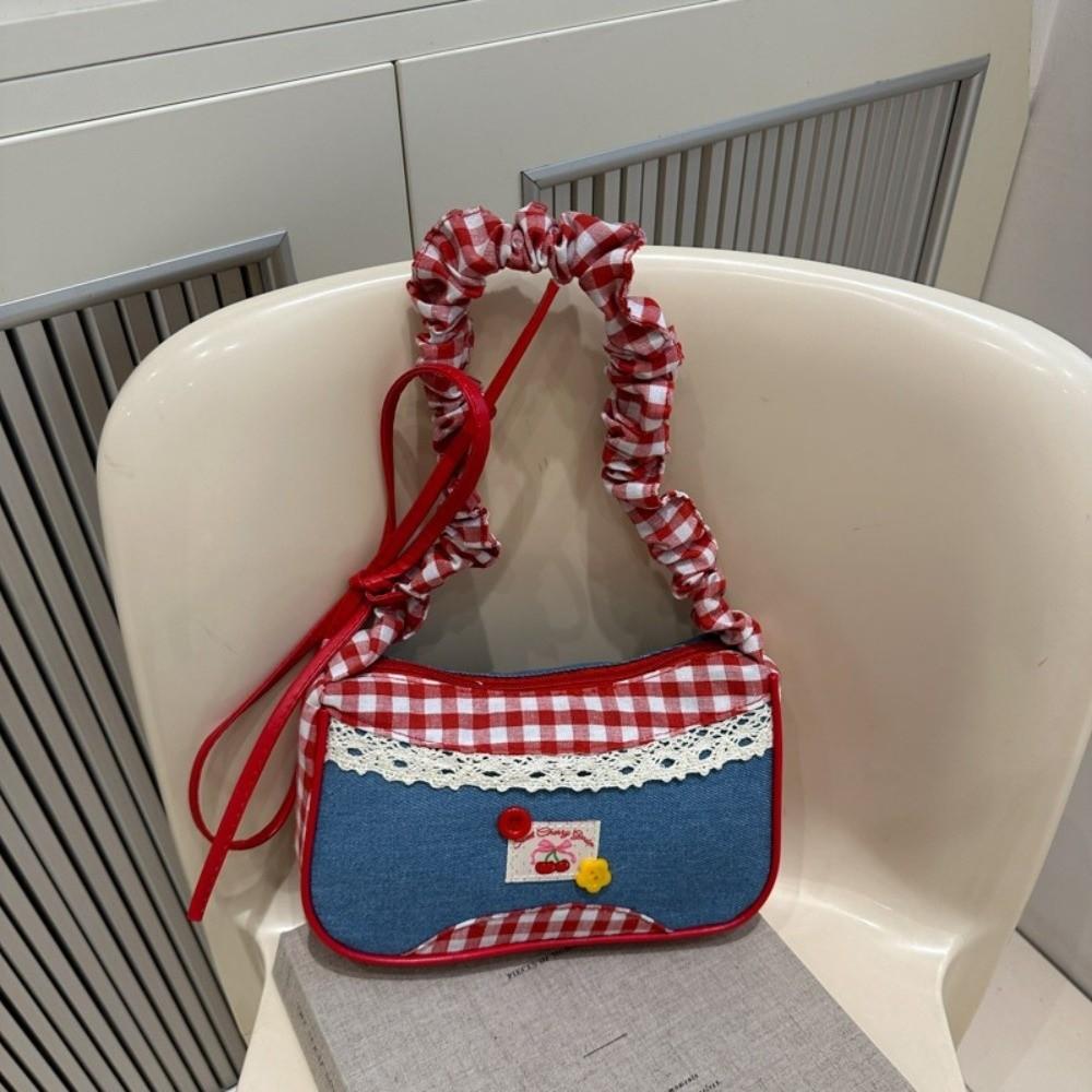 Leisure Lattice Shoulder Bag Rural Style Crossbody Bag Vintage Denim Underarm Bag  Women