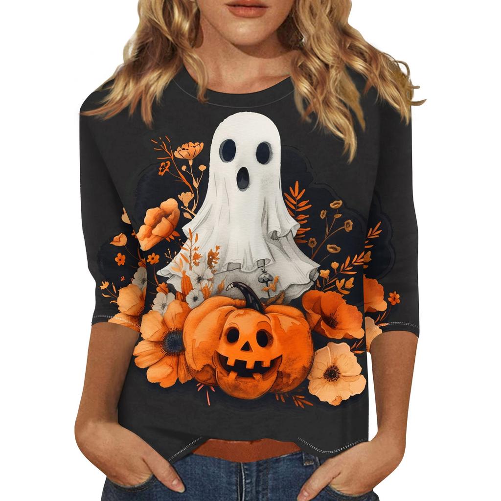 Women's Fashion Casual Three-quarter Sleeve Halloween Printed Round Neck Top