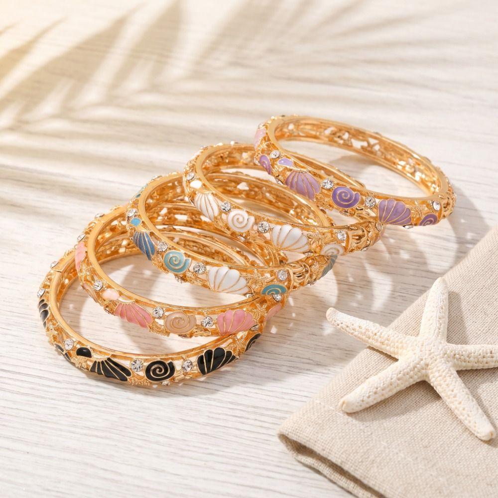 Metal Starfish Shell Bangle Geometric Women's Hand Bracelet Vintage Cloisonne Bangle Gold Jewelry