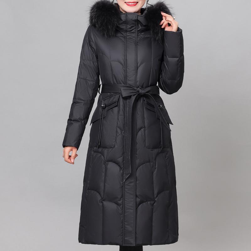 

Зимняя длинная куртка-пуховик с воротником из натурального меха для женщин, винтажная парка с капюшоном, элегантная, теплая, на пуху белой утки, женская верхняя одежда 3XL чёрный