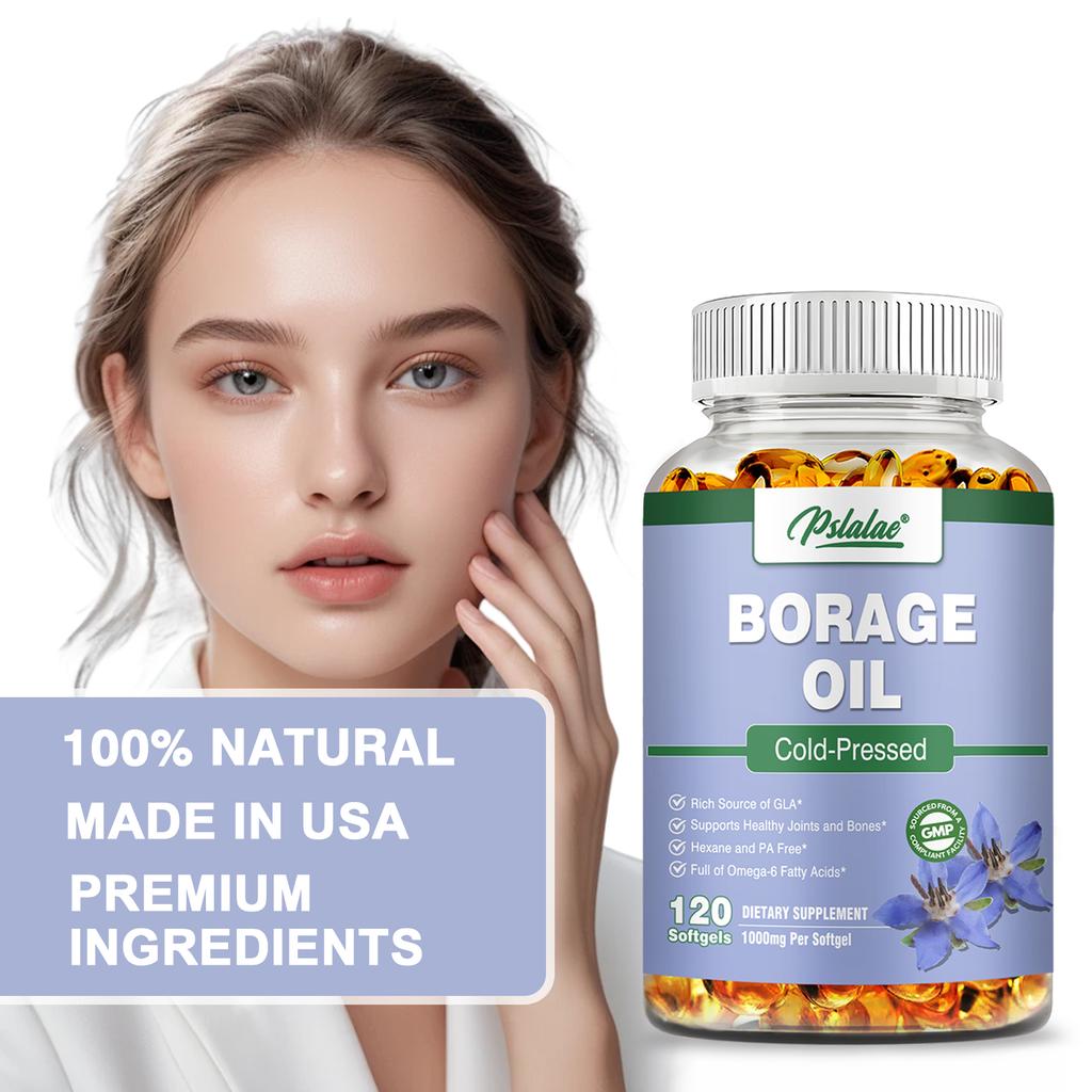 Pslalae High-Absorption Borage Oil Capsules, 1000 mg, 100% Vegan, Suitable for Skin Health and Hair, Easily Absorbed