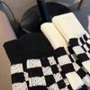Female Knitted Winter Student Writing Cycling Warmth 2025 New Couple Black and White Checkered Half Finger Gloves