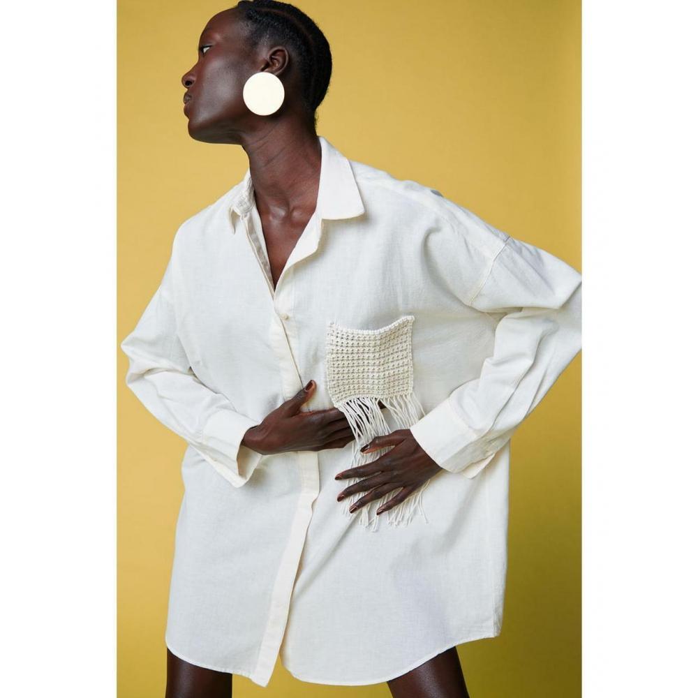 

Рубашка HM оверсайз с бахромой кремового цвета 1077938001