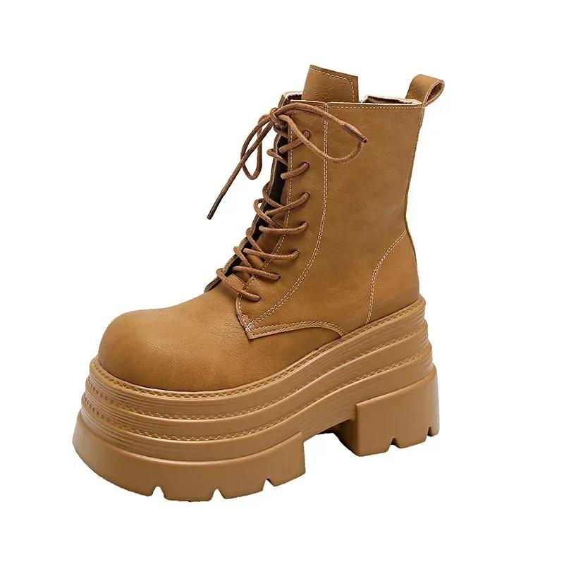 

Модные женские ботинки Новые зимние мотоциклетные ботинки 10,5 см танкетка Высокая платформа Кожаные массивные туфли Женские осенние ботинки на толстой подошве Панк ботинки 39